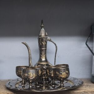 Vintage Miniature Copper/Brass Arabic Tea Set with Gold Accents